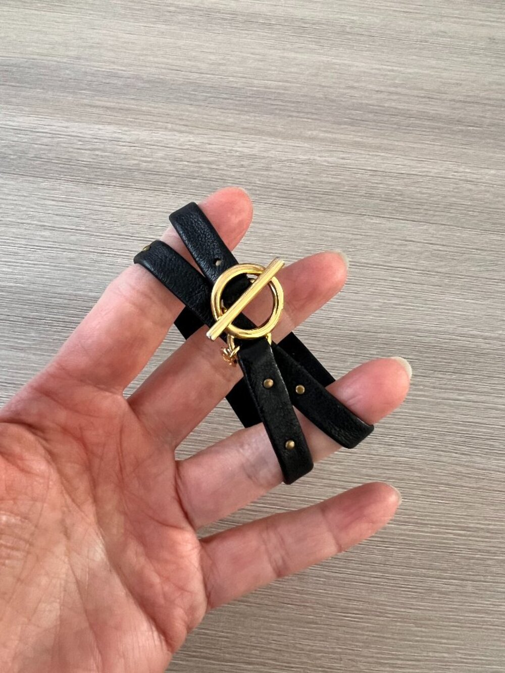 Vintage Faux Black Leather Gold Stud Wrap Bracelet